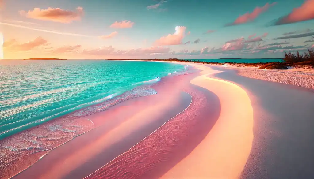 A serene view of Pink Sands Beach on Harbour Island, Bahamas, featuring soft pastel-colored pink sand stretching along the turquoise coastline