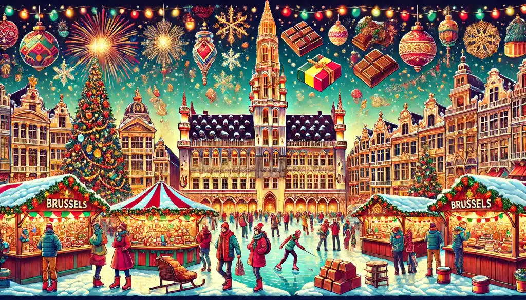 A vibrant and festive illustration capturing the Christmas markets of Brussels