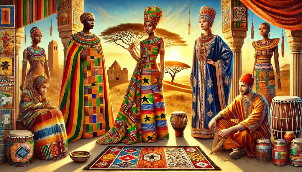 A vibrant digital artwork showcasing traditional clothing and cultural elements from Africa