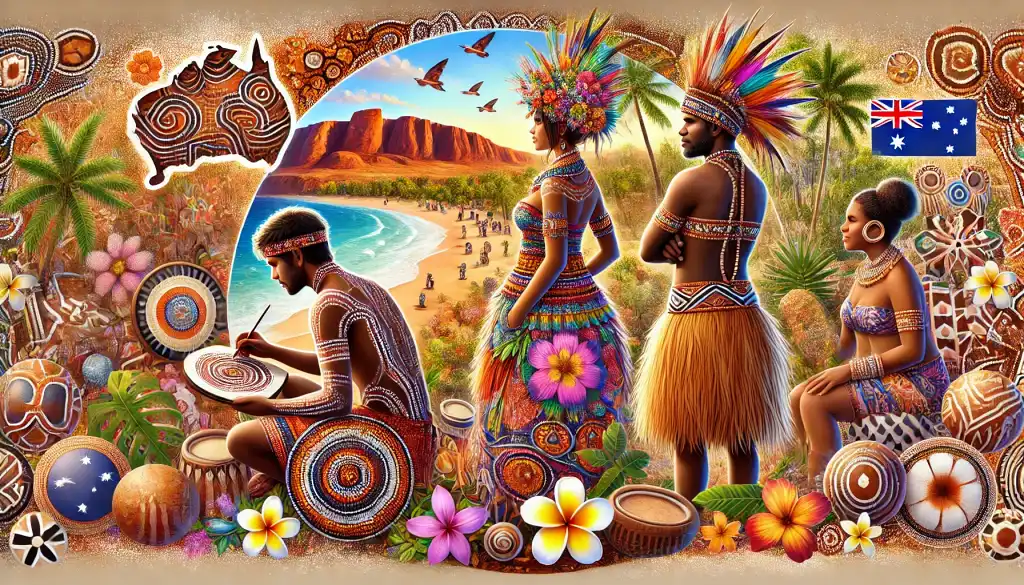 A vibrant digital artwork showcasing traditional clothing and cultural elements from Australia and Oceania