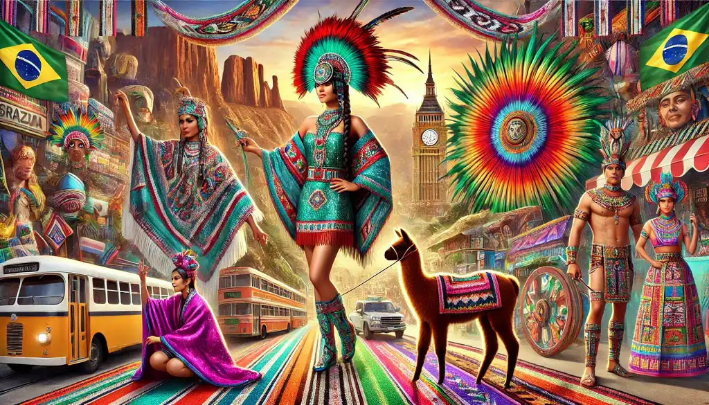 A vibrant digital artwork showcasing traditional clothing and cultural elements from the Americas