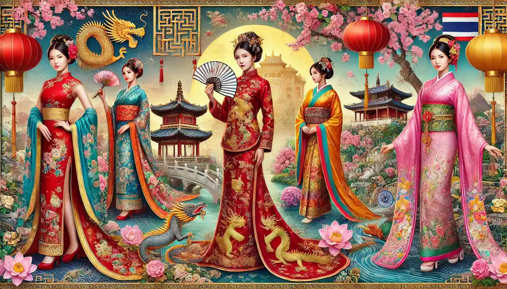 A visually rich digital artwork showcasing traditional clothing and cultural elements from Asia