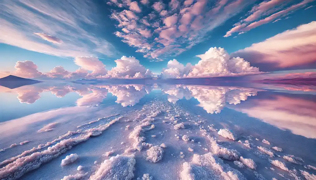 Scene of Salar de Uyuni, Bolivia, capturing the vast salt flats as a natural mirror that reflects the sky