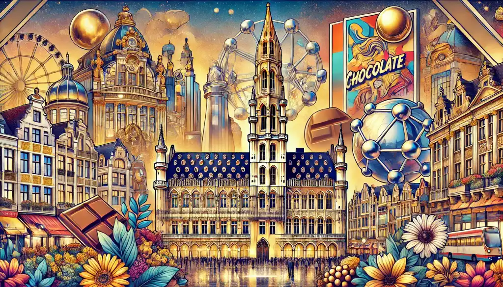 illustration of Brussels, capturing iconic landmarks like the Grand Place with golden and beige facades, the Atomium