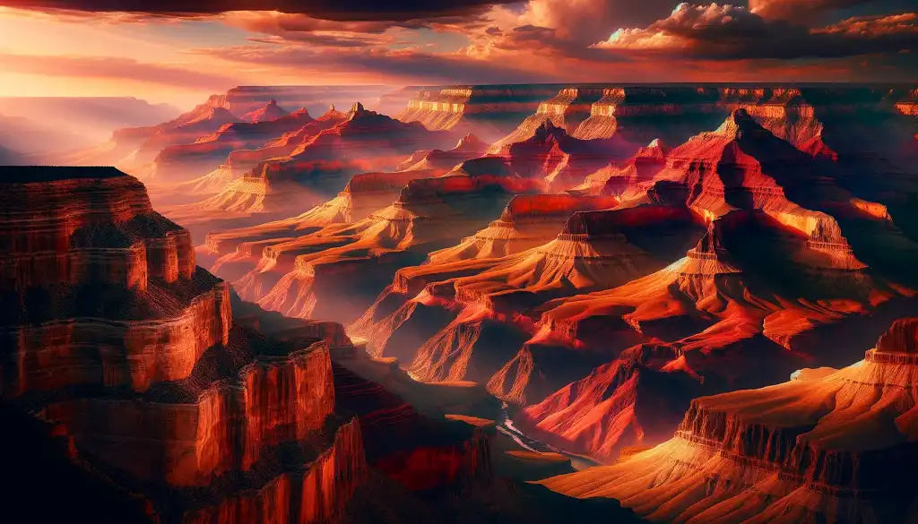 Majestic view of the Grand Canyon, showcasing its layered rock formations