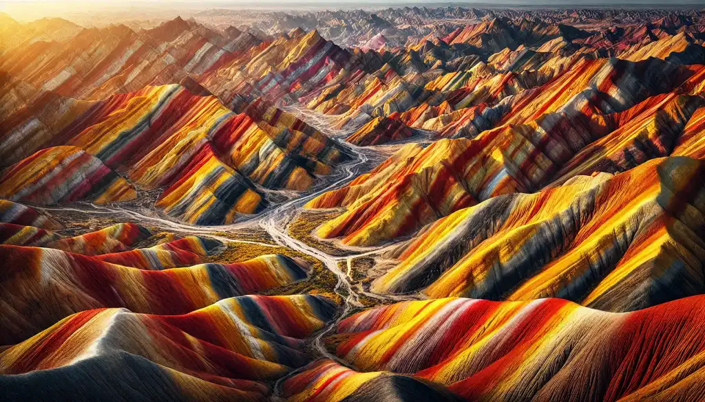 A surreal view of Zhangye Danxia Geopark's Rainbow Mountains in China